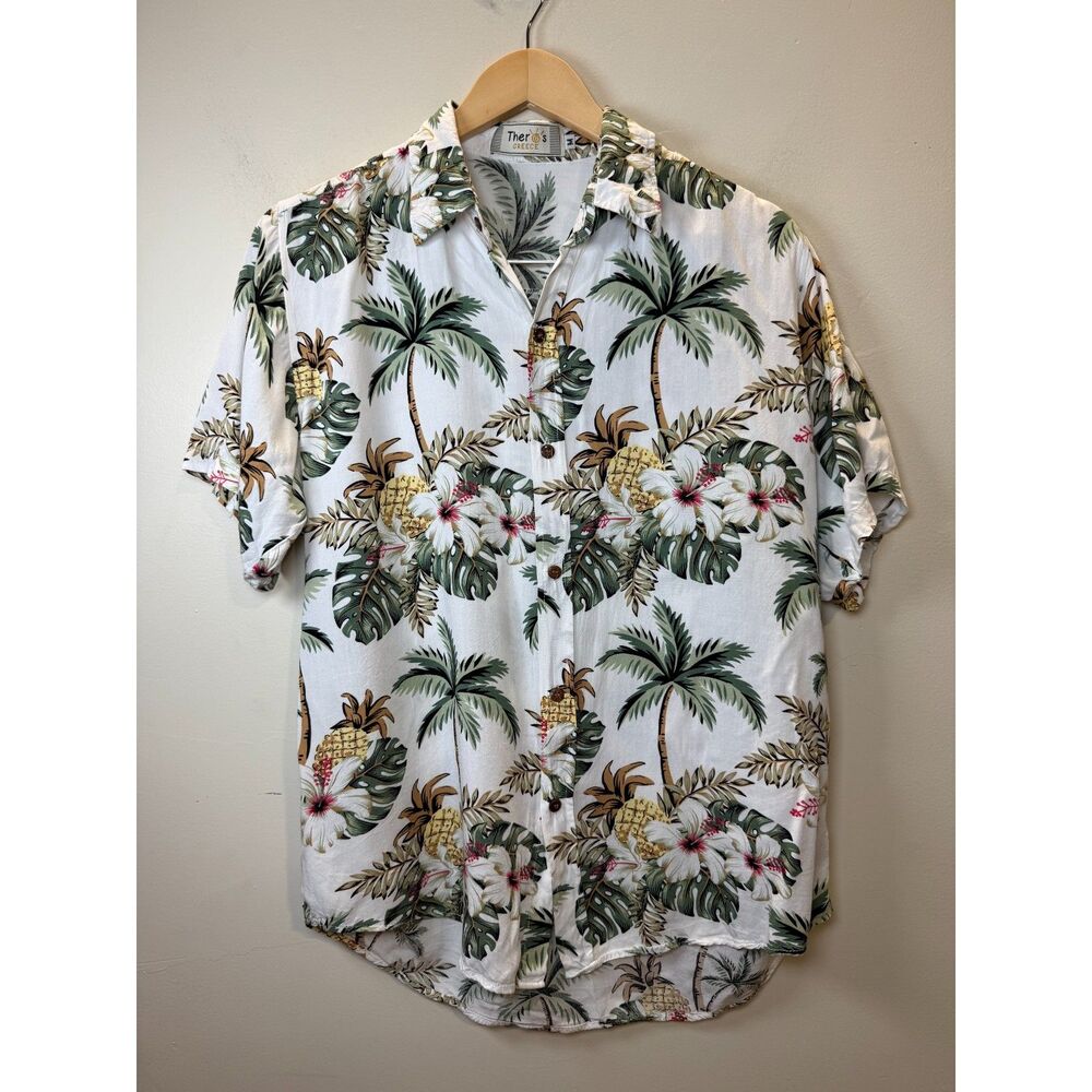 Theros Hawaiian Palm Tree Pineapple Print Button Up Shirt Men’s Size Medium